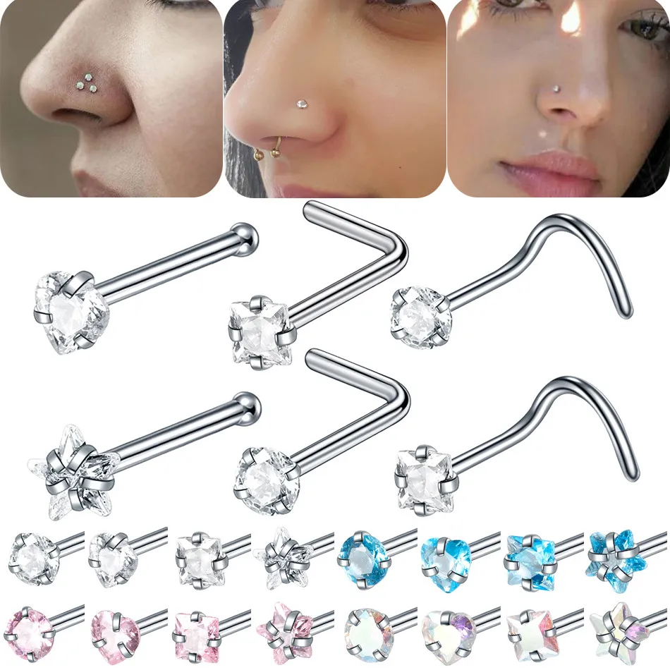 1PC Glass Nose Stud Transparent Glass Straight Nose Ring Retainer Holder  Nose Hoop Ring Body Piercing Jewelry