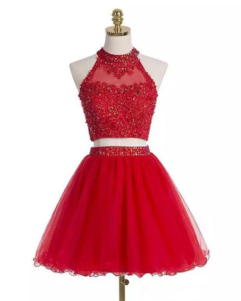 

Red Two Pieces Tulle Homecoming Dresses Short Halter Junior Lace Sequined Crystal Prom Dress Evening Gowns vestidos de fiesta