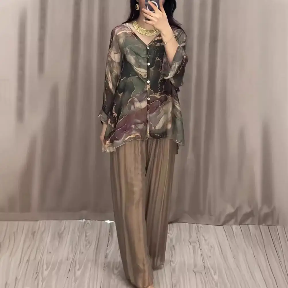 Lightweight Wide-leg Trousers Set Marble Print V Neck Blouse Wide Leg Trousers Set Stylish Women's Homewear for Casual Commute 2