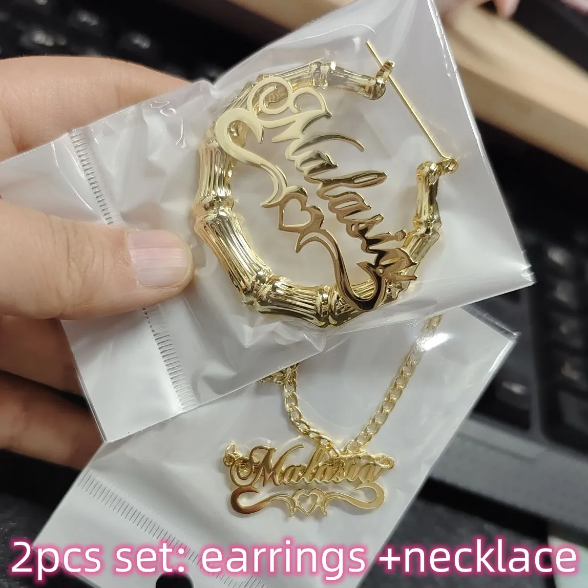 DOREMI 2PCS Set Name Earrings and Necklace 3MM Cuban Pendant Stainless Bamboo Hoops Custom Heart Name Letter Personalised Gift