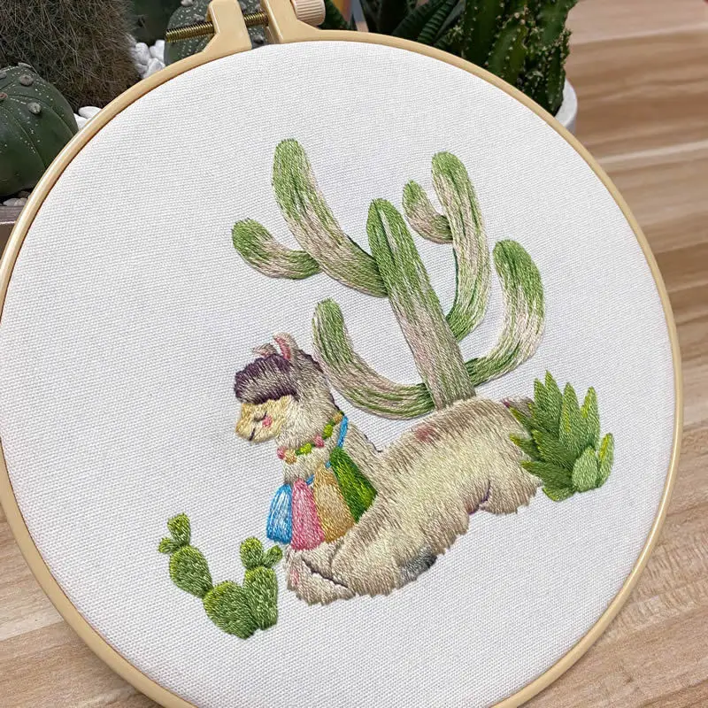 Embroidery Kit Adults Beginners Starter Cross Stitch Kit Alpaca Cactus Pattern Stamped Embroidery Cloth