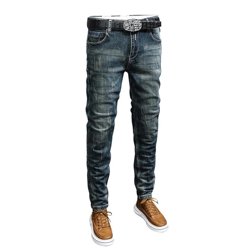 American Retro Scrape Jeans for Men2024High-End Men's Slim Fit Ankle-Tied Trendy Fashion Wash Classic Motorcycle Trousers