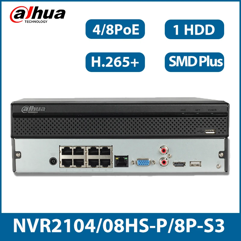 

Dahua NVR2104HS-P-S3 NVR2108HS-8P-S3 4/8 Channel 1U 1HDD 4/8PoE H.265 Onvif NVR Poe Motion Detection Network Video Recorder