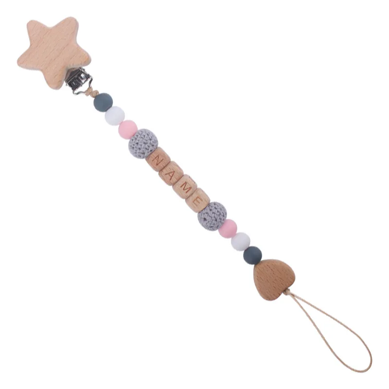 Pacifier Chain Baby Pacifier Clip Personalized Name Stars Love Wood Safe Teethers Soother Chew Teething Toys