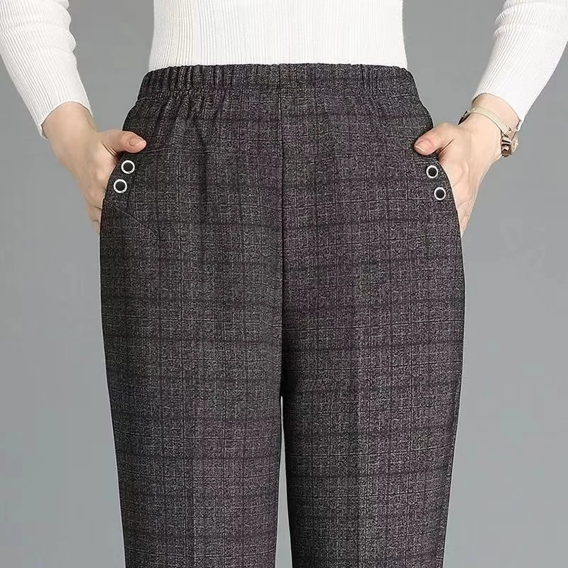 High Waist Straight Leg Casual Pants for Middle-Aged And ly Women Fce Lined Loose Fit Plaid Patterned Mom Pants