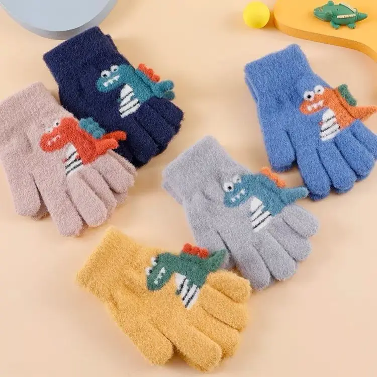 4-8 Year Old Winter Children's Thick Knitted Gloves Cartoon Dinosaur Warm Plush Children's Winter Finger Gloves warm gloves full finger gloves