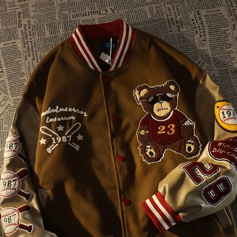 

Vintage y2k flocking bear embroidery baseball jacket for womens ins trend stitching PU sleeve couple jackest korean coats womens