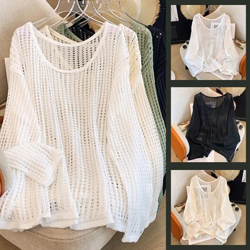 Hollow Knitted Women's Summer Lazy Loose Sun Protection Blouse Round Neck Design Long Sleeve Versatile Tops 1