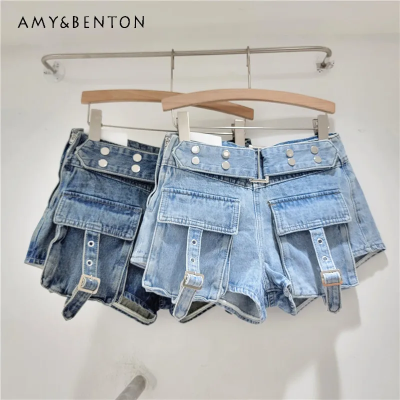 

Workwear With Pocket Denim Shorts For Women Younger Fashion Wide-Leg A-line Short Pants 2024 Summer Slimming Denim Hot Trousers
