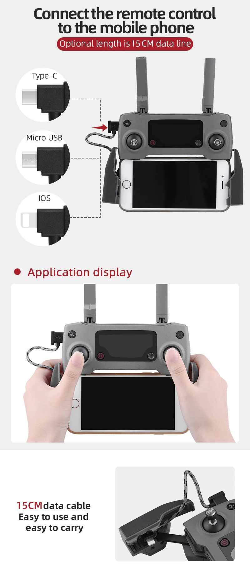 Connect the remote control to the mobilephone Optional length is15 CM data line Type-