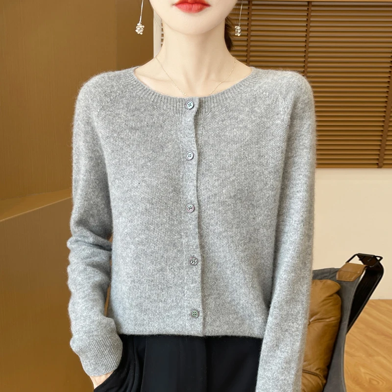 100%Merino Wool Cardigan Women's Round Neck Casual High-Quality AutumnWinter Solid Color Jacket Knit Basic Sweater Pure Wool Top 2