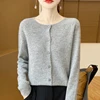 100%Merino Wool Cardigan Women's Round Neck Casual High-Quality AutumnWinter Solid Color Jacket Knit Basic Sweater Pure Wool Top 2