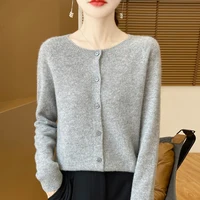 100%Merino Wool Cardigan Women's Round Neck Casual High-Quality AutumnWinter Solid Color Jacket Knit Basic Sweater Pure Wool Top 2