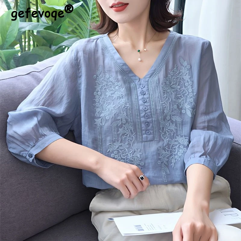 Women Embroidery Elegant Blue Blouses New Summer Korean Fashion V-neck Three Quarter Sleeve Shirts Simple Loose Tops Female Ropa