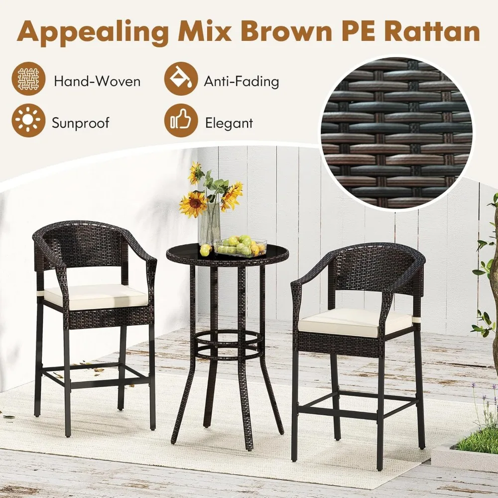 3-Piece Outdoor Bar Set - Patio Wicker Rattan Bar Height Barstools w/Cushions, Footrest, Round Glass Top Table, High Top Bistro 4