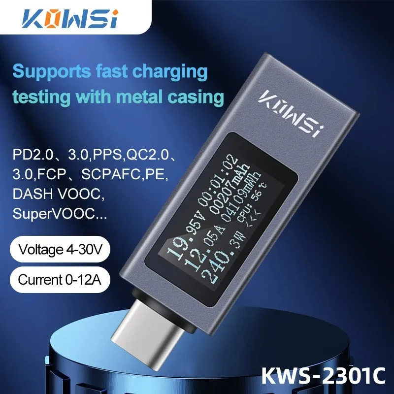 Power Meter KWS-2301C Type-C Current and Voltage Monitor DC 4-30V 0-12A PD Battery Capacity Digital LCD Display