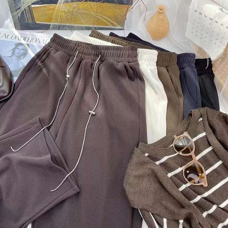 

Women Autumn Winter Loose Drawstring Straight PantsCasual Knitted Wide-leg Pants Female Vintage Trouser Pantalon Femme 23602
