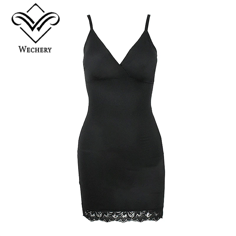 Sexy Cross V neck Slip Dress Full Length Shapewear Women Body Shaper Stretchable Spaghetti Strap Basic Dress Underwear Lace