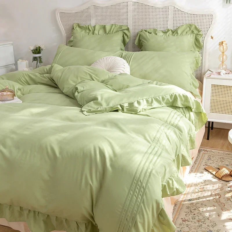 

Solid Color Bedding Set Queen/King Size Duvet Cover with Lace Ruffles Single Bed Linen Sets for Double Bed Plain Bedclothes