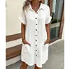 Summer Solid Simple Short Sleeve Shirt Dress Women's Turn-down Collar Single Breasted Casual Elegant Ladies Loose Dresses 1