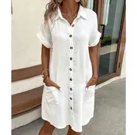 Summer Solid Simple Short Sleeve Shirt Dress Women's Turn-down Collar Single Breasted Casual Elegant Ladies Loose Dresses 1