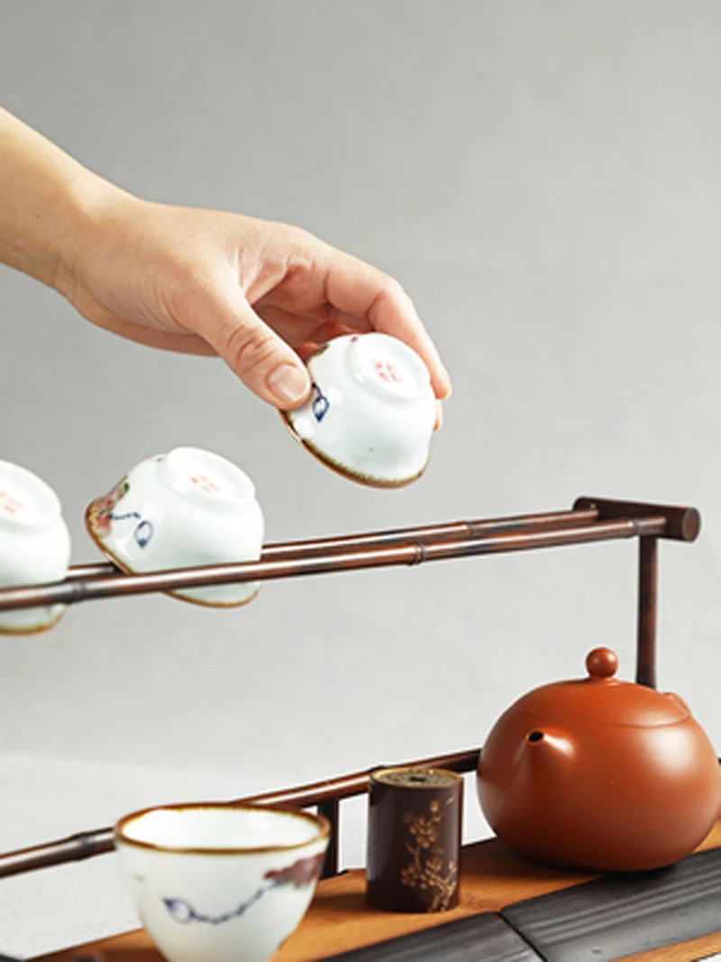 Hand made bamboo teacup rack drainage rack Chinese retro double-layer cup rack teapot tea set display taccessories