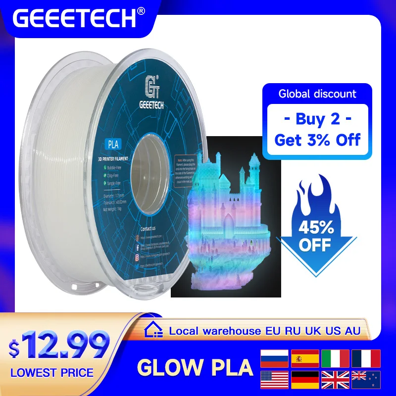 Geeetech Brilho Pla 1.75 mm 1kg Brilho no Escuro para Impressão 3d Luz Noturna Luminosa Cores 3d Material da Impressora Armazém Ultramarino