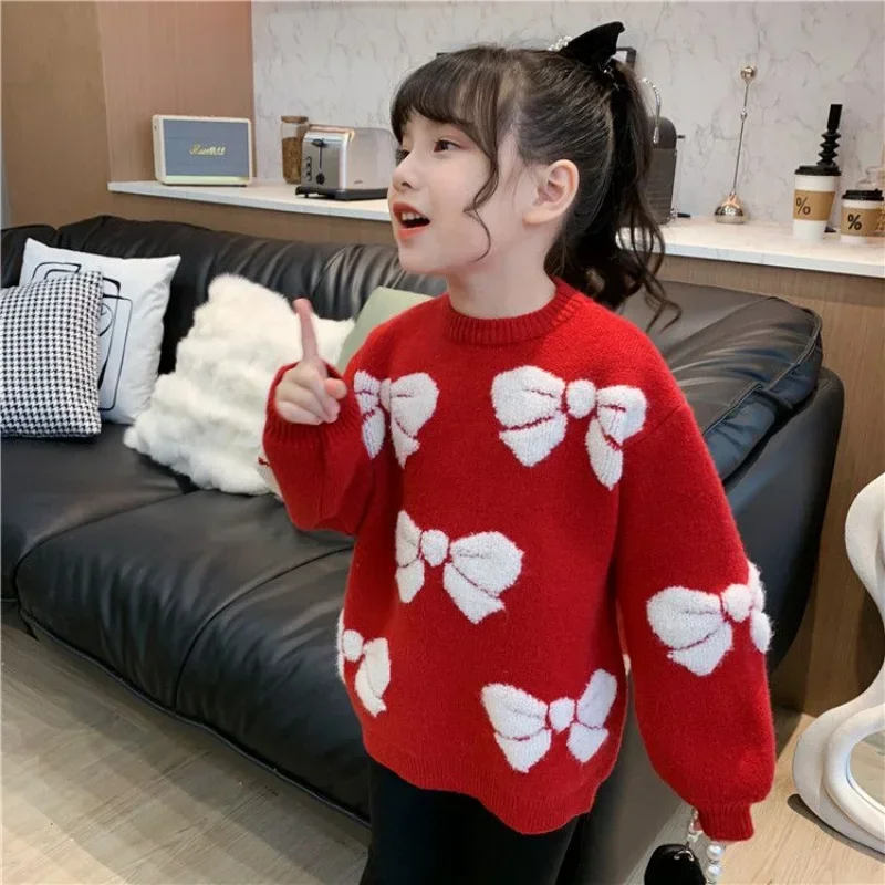 

Girls Sweater Fashion Children's Clothing Plush Knitted Winter Wear New Girls Red Christmas Thickened Sweater Kids 7 10 12 Years