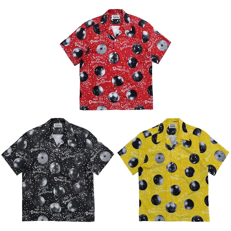 WACKO MARIA Hawaii Beach Shirts Men Women Red Black Yellow DISCO Mirror Ball Pattern Print Lapel Collar Shirt