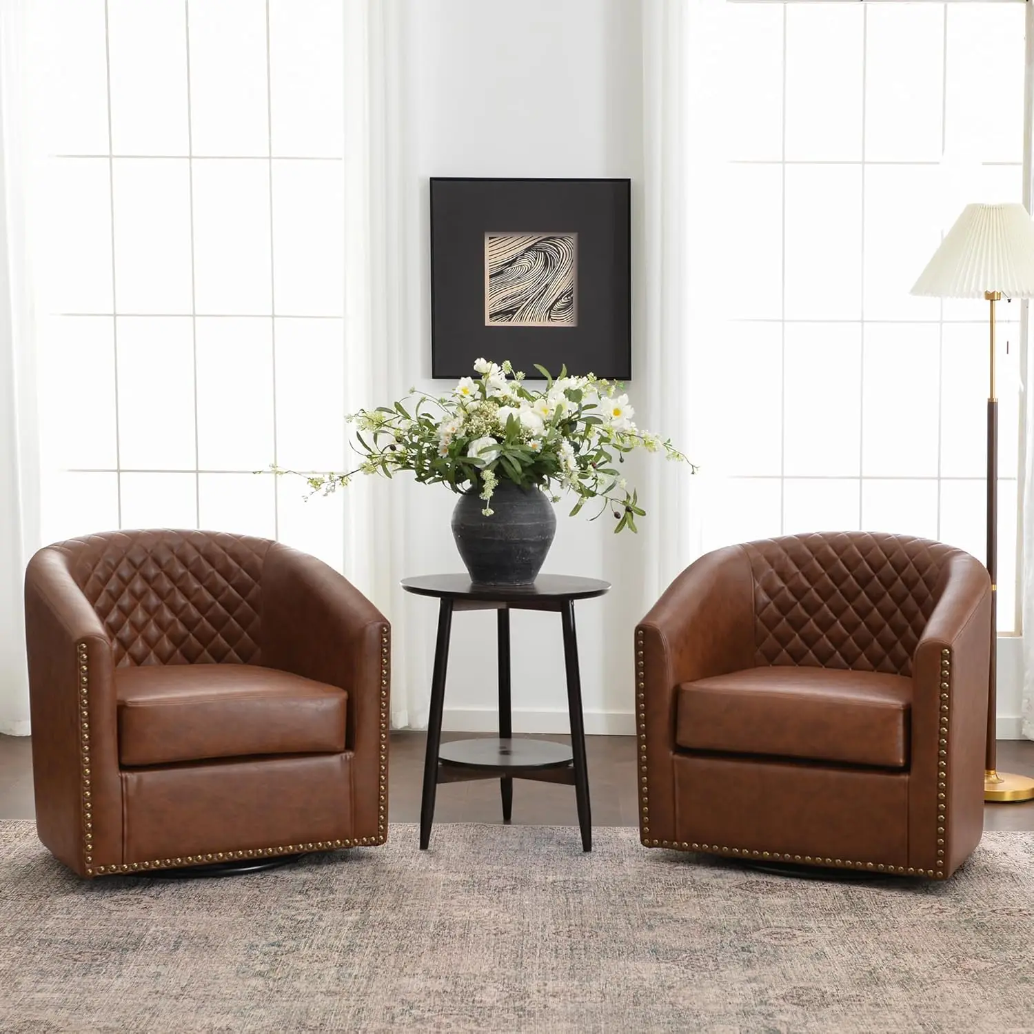 29" Tufted Faux Leather Accent Chair Set of 2 Swivel Barrel Nailhead Trim Living Room Apartment, Custom