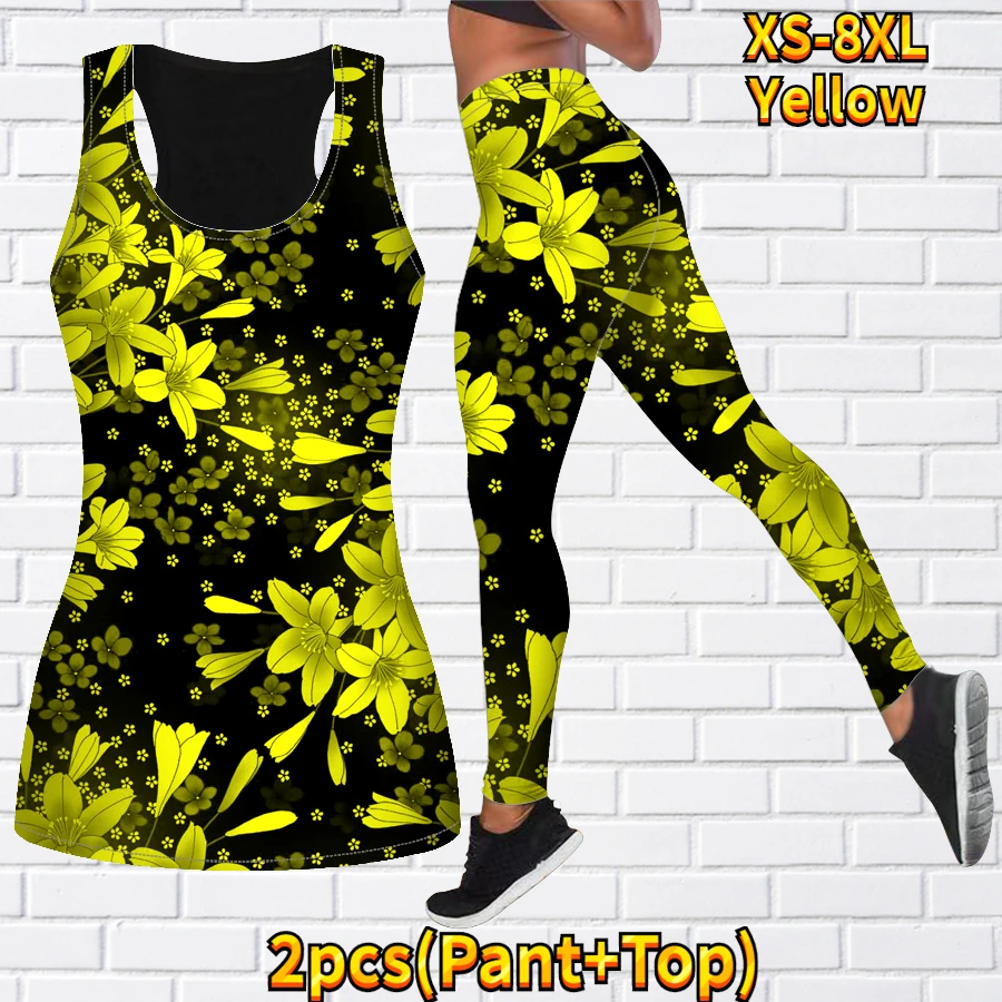 Women\'s Two Piece Yoga Set Fashion Casual Sports Tank Top Yoga Set 3D White Lily Print Sportswear Set XS-8XL