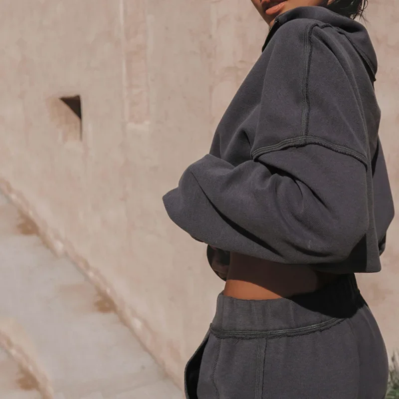 Long-sleeved Patchwork Cropped Casual Sweatshirt Sweatpants 2-piece Set Autumn and Winter Women's Jogging Pullover Sportswear