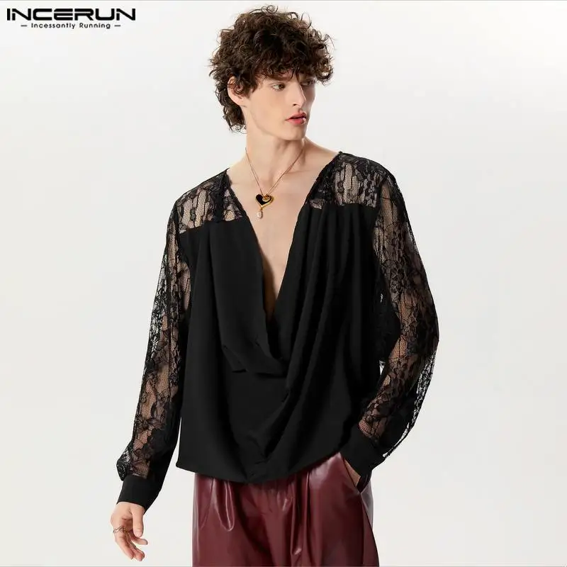 

Рубашка INCERUN мужская с кружевом, пикантная прозрачная уличная одежда в стиле пэчворк, с V-образным вырезом и длинным рукавом, свободная повседневная одежда, 2024