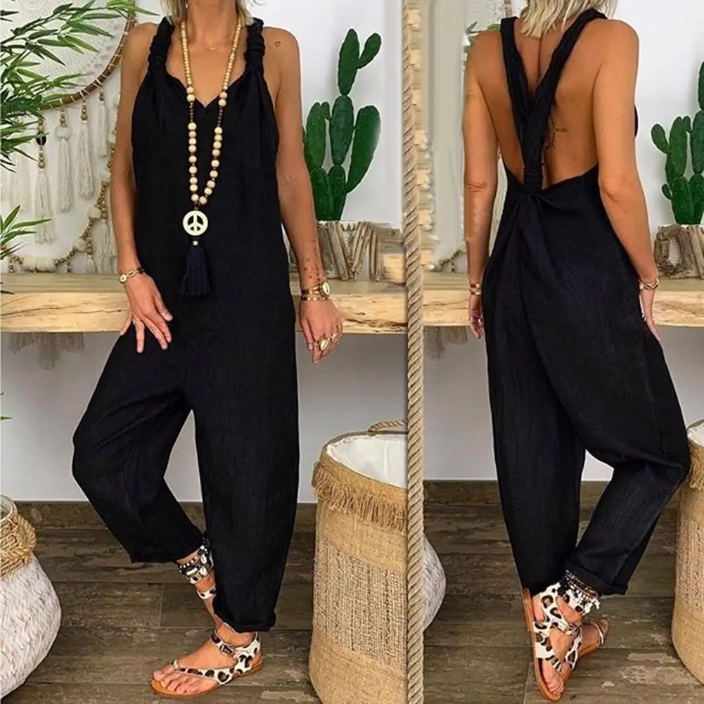 Loose Casual  Linen Print JumpsuitWomen Solid Color Bib Overall Sleeveless Backless Knotted Jumpsuit Dungarees