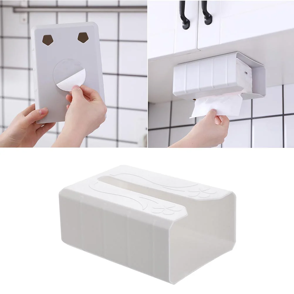 

Kitchen Paper Towel Tissue Box No Drilling Adhesive Tissue Storage Box Container (White)