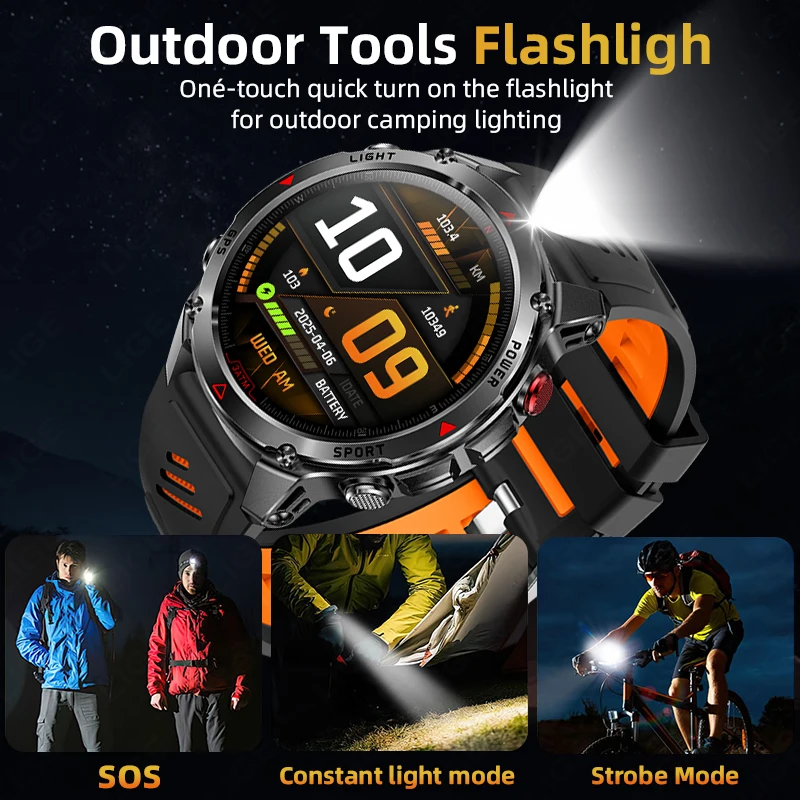 LIGE GPS Sports Smart Watch Men HD Full Touch Screen 500mAh Battery Waterproof Flashlight Compass Bluetooth Call Smartwatch Men