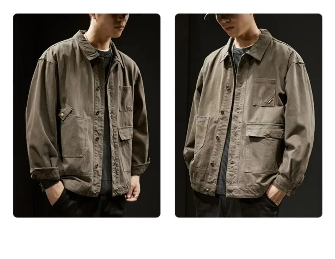 Men's Denim Jacket - Retro Korean Style Casual Workwear Coat with Functional Pockets
