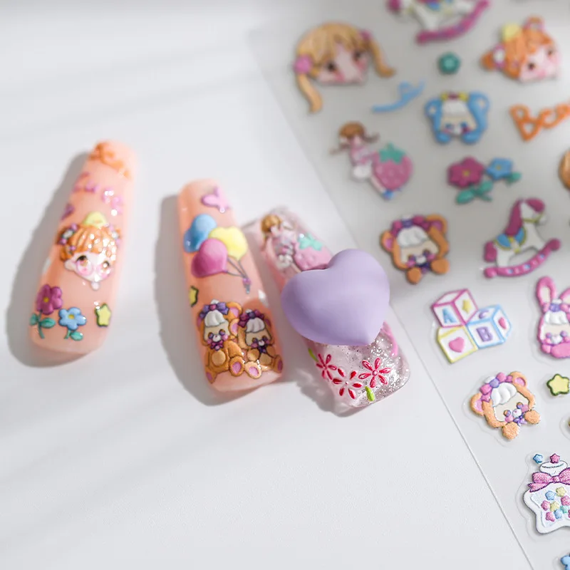 1 Sheet 5D Realistic Relief Funny Cute Bear Rabbit Party Girls Adhesive Nail Art Stickers Decals Manicure Accessories Charms 4