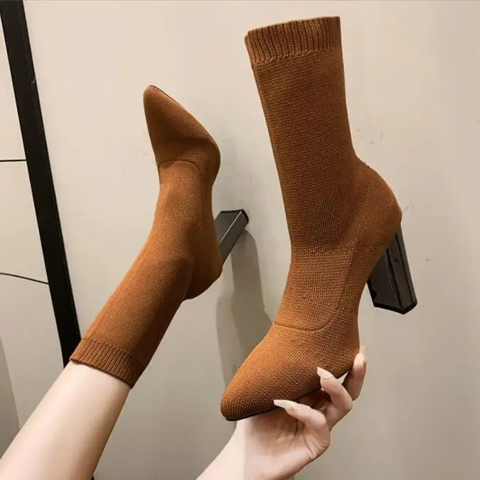 Autumn Thick Heel Ankle Boots Women Winter Shoes Elegant High Heel Pointed Toe Keep Warm Short Boots Ladies Knitted wool boots