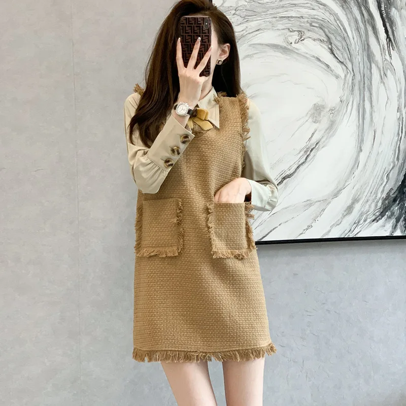 

Celebrity temperament small fragrant wind coarse tweed vest dress for women 2023 autumn and winter shirt vest two suit