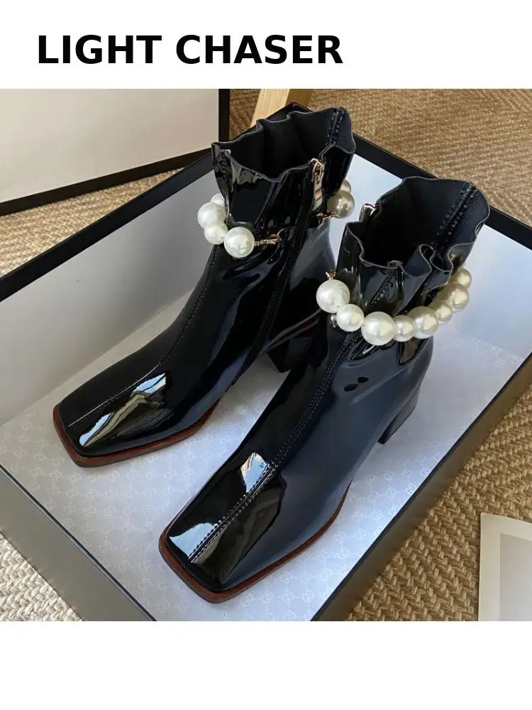 Vintage Women's Boots Square Toe High Thick Heels Zipper Ladies Ankle Boots Fashion Patent Leather Short Sewing Female Shoes