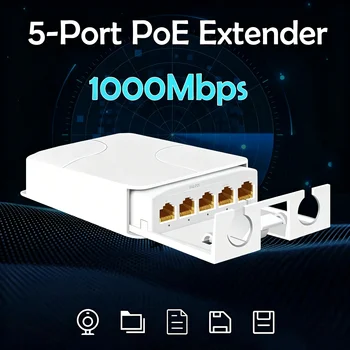 Extender PoE Impermeabile a 5 Porte, Ripetitore a 4 Porte 100/1000Mbps per Esterni IP55 VLAN 44-57V per Telecamere IP PoE e AP Wireless