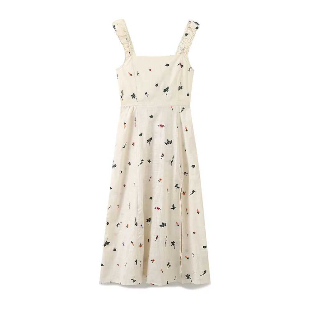 

Women's 2024 New Fashion Joker Exquisite Embroidery Dress Retro Backless Wide Shoulder Strap Women's Dress Vestidos Mujer