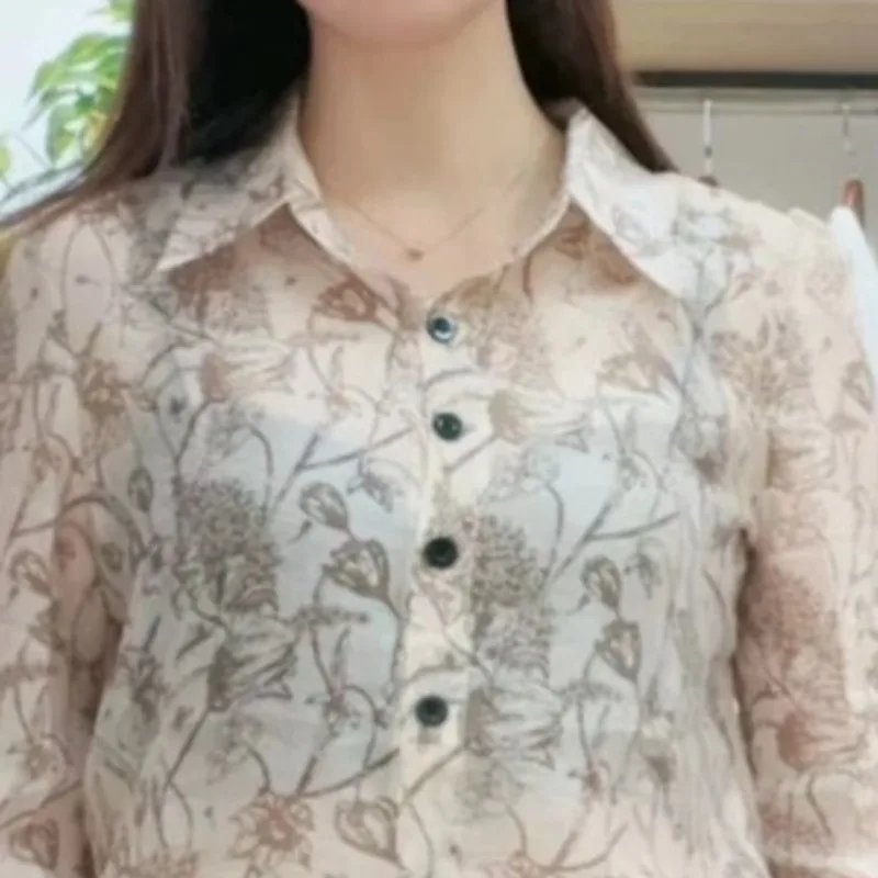 Korean Commute 2024 Spring Summer New Blouses Women's Fashionable Chic Polo-Neck Printed Single-breasted Thin Half Sleeve Shirts