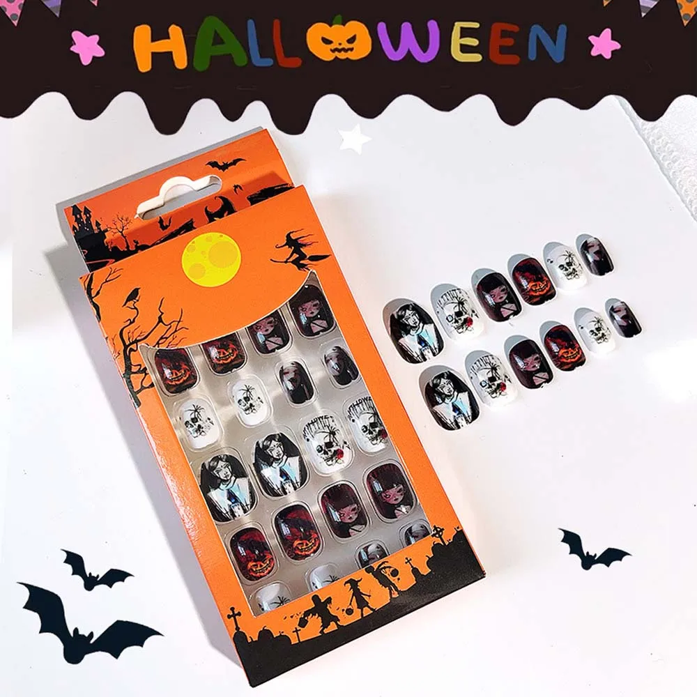 24Pcs/set Bat Spider Web Children Halloween False Nails Pumpkin Ghost Kids Cartoon Fake Nails Nail Supplies with Jelly Gel