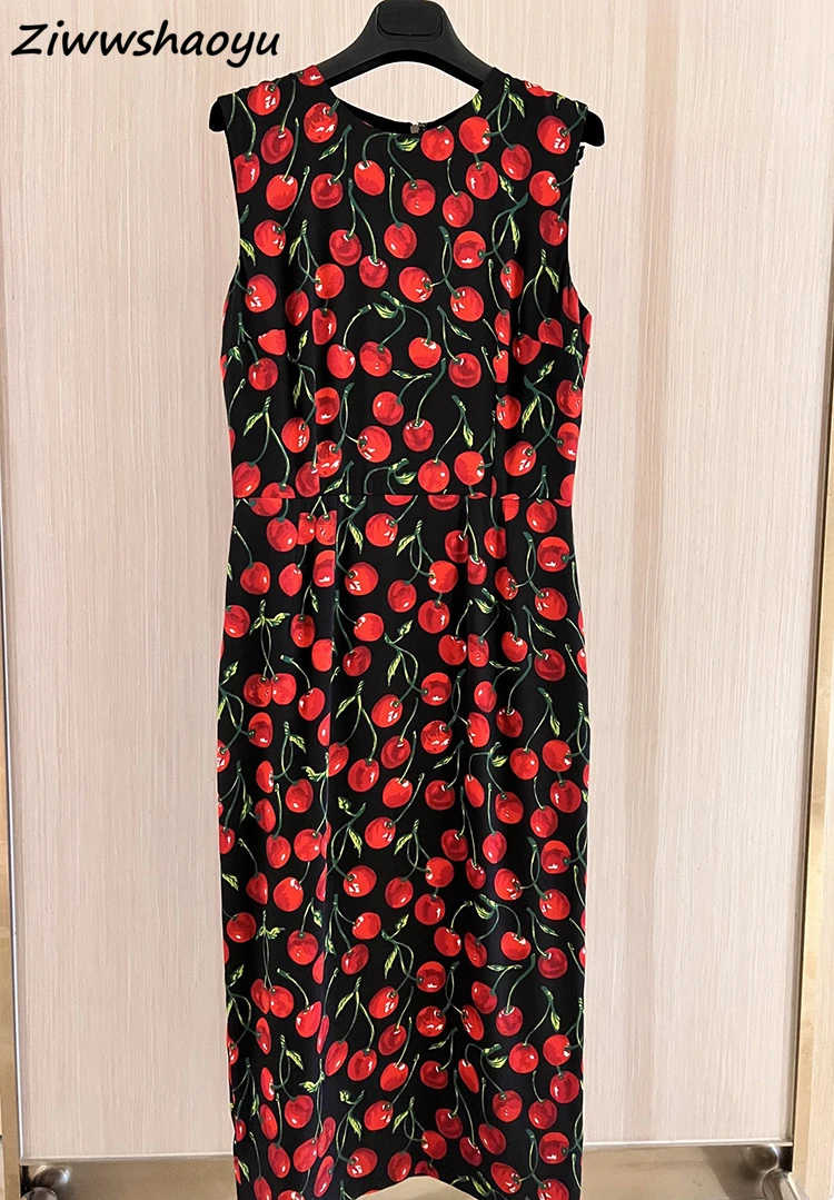 

High Quality Summer Women Fashion Runway Designer Cherry Printed Elegant Slim Sleeveless Tank Silk Midi Dress