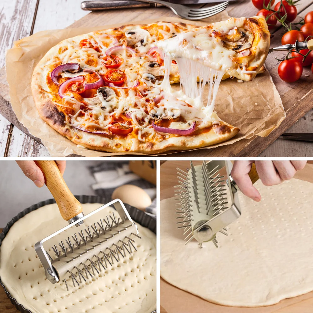 Description Picture 4 of itemPizza Docking Tool Pastry Roller With Stainless Steel Spikes Wood Handle Kitchen Pizza Making Home Kitchen Accessories