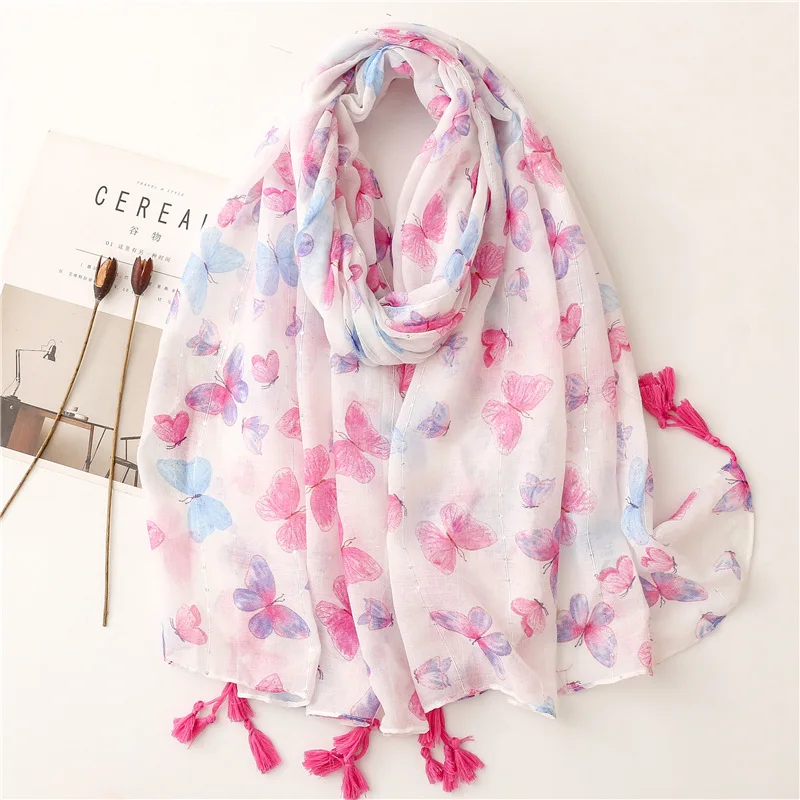 Lovely Animal Pink Flying Butterfly Pattern Tassel Viscose Shawl Scarf Lady Headband Pashmina Stole Muslim Hijab Sjaal 180*90Cm