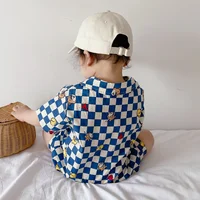 Summer 2023 New In! Cute Newborn Baby Boys' Short Sleeve Plaid Cartoon Print Romper Jumpsuits Kids Infant Cotton Clothes 2