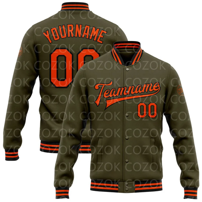 Custom Brown Orange 3D Printed Baseball Button Jacket Bomber Full-Snap Varsity Letterman Jacket